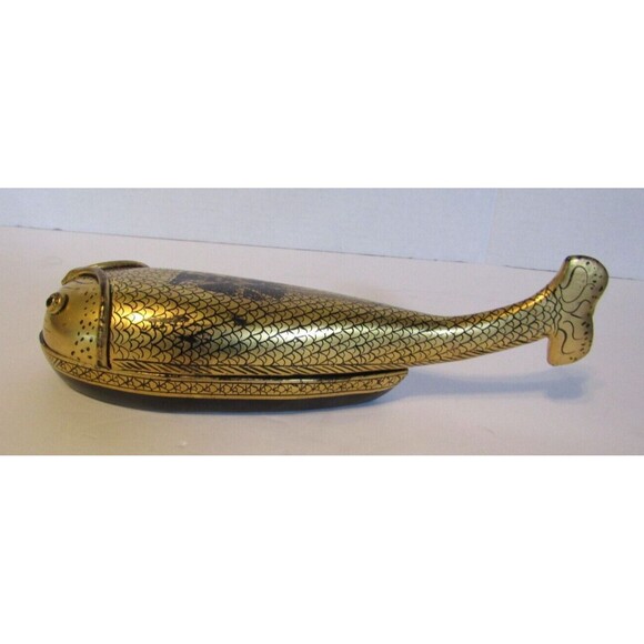 Fish Trinket Box Vintage Gold Leafed Burmese Lacquerware - Picture 4 of 9